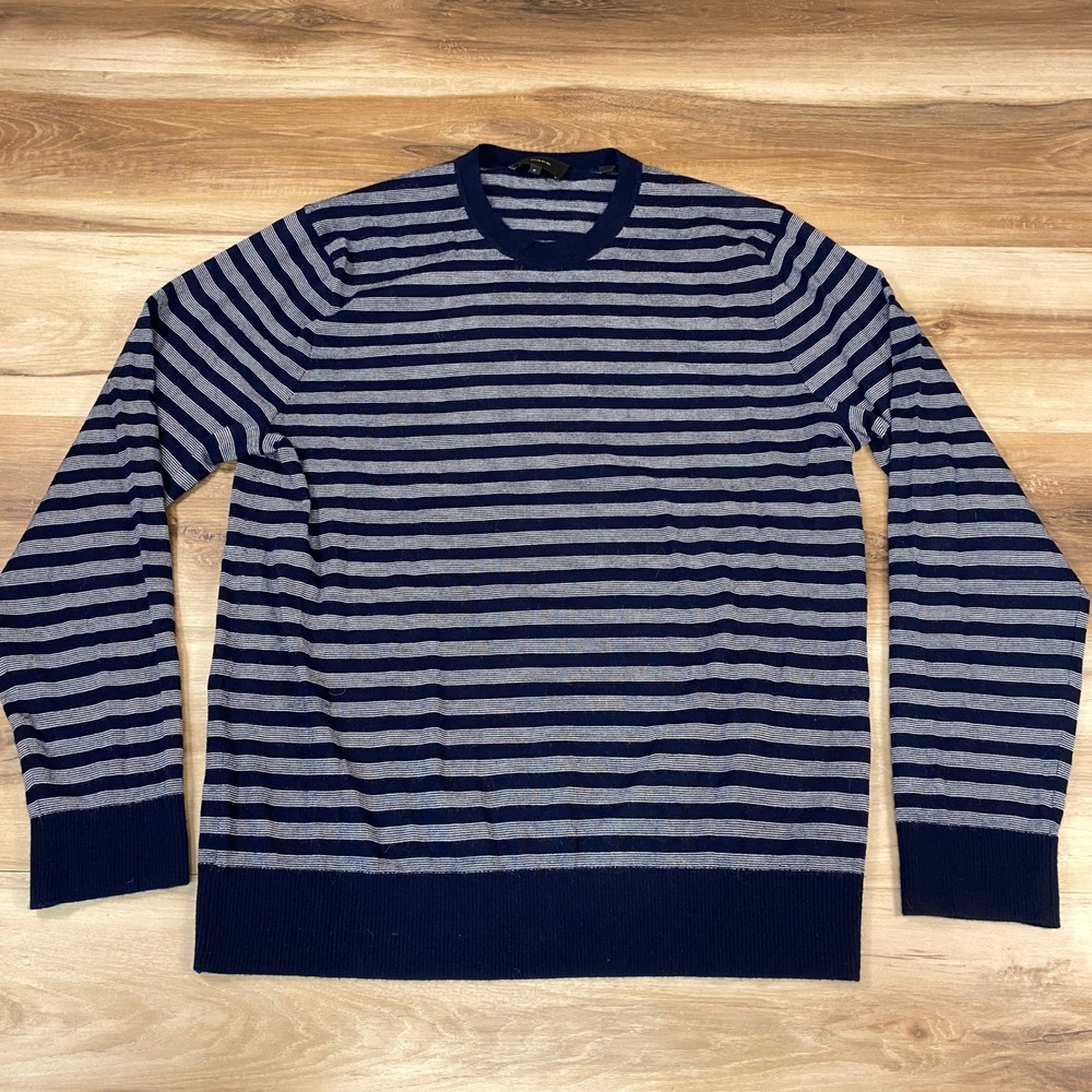 Vince Mens Navy Blue White Striped Wool Cashmere Blend Crewneck Sweater Medium